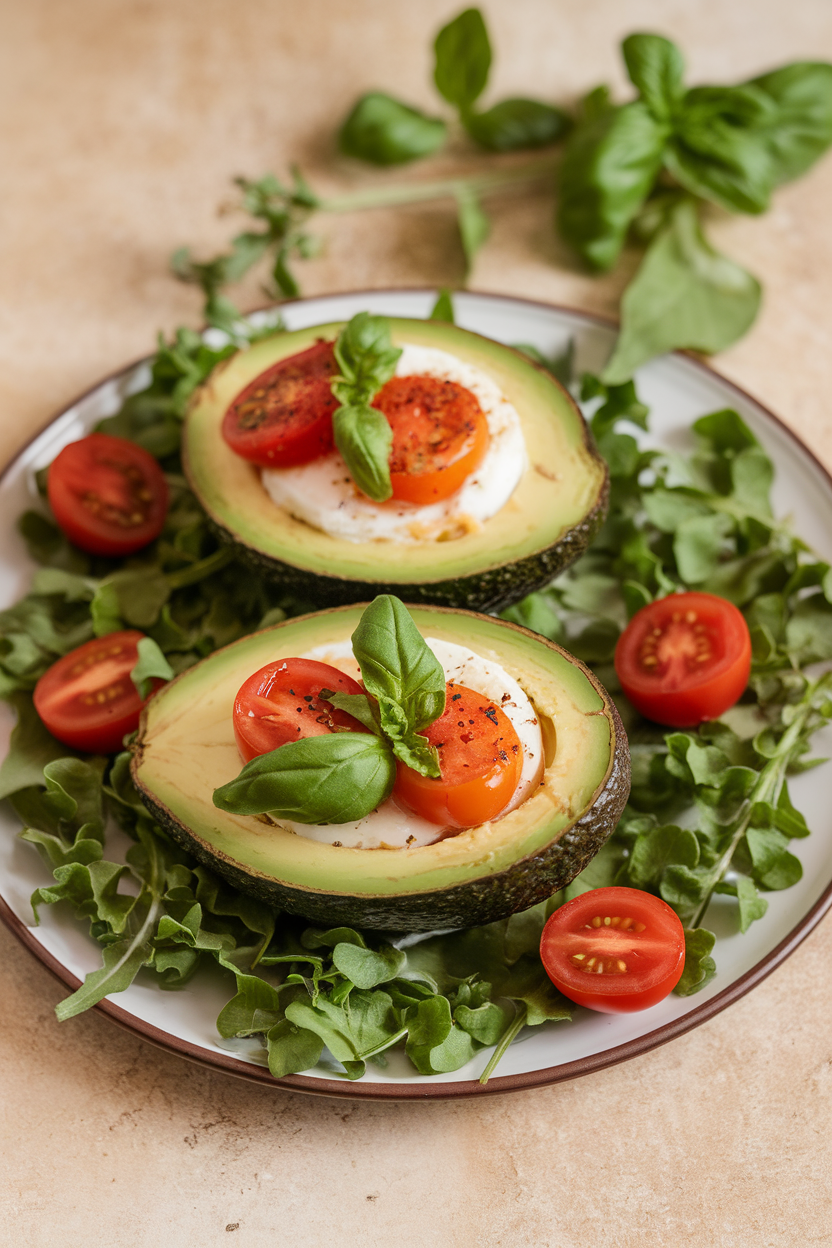 Indoor plate with avocado halves filled with baked egg, cherry tomato slices, and basil ribbons. No text or logos. Photo.