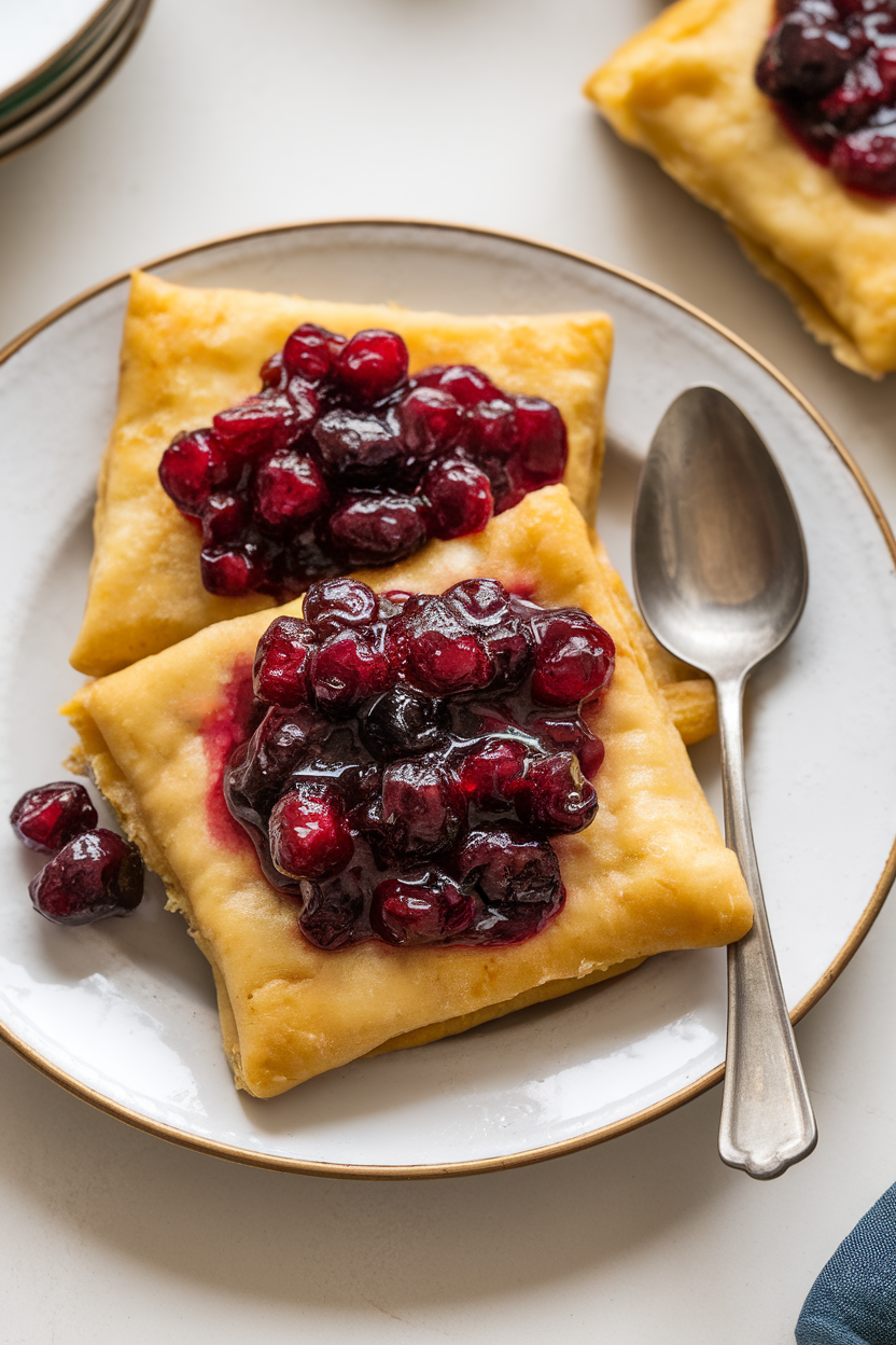 Indoor plate with golden blintzes filled with sweetened farmer cheese, topped with warm cranberry sauce. No text or logos. Photo, not illustration.