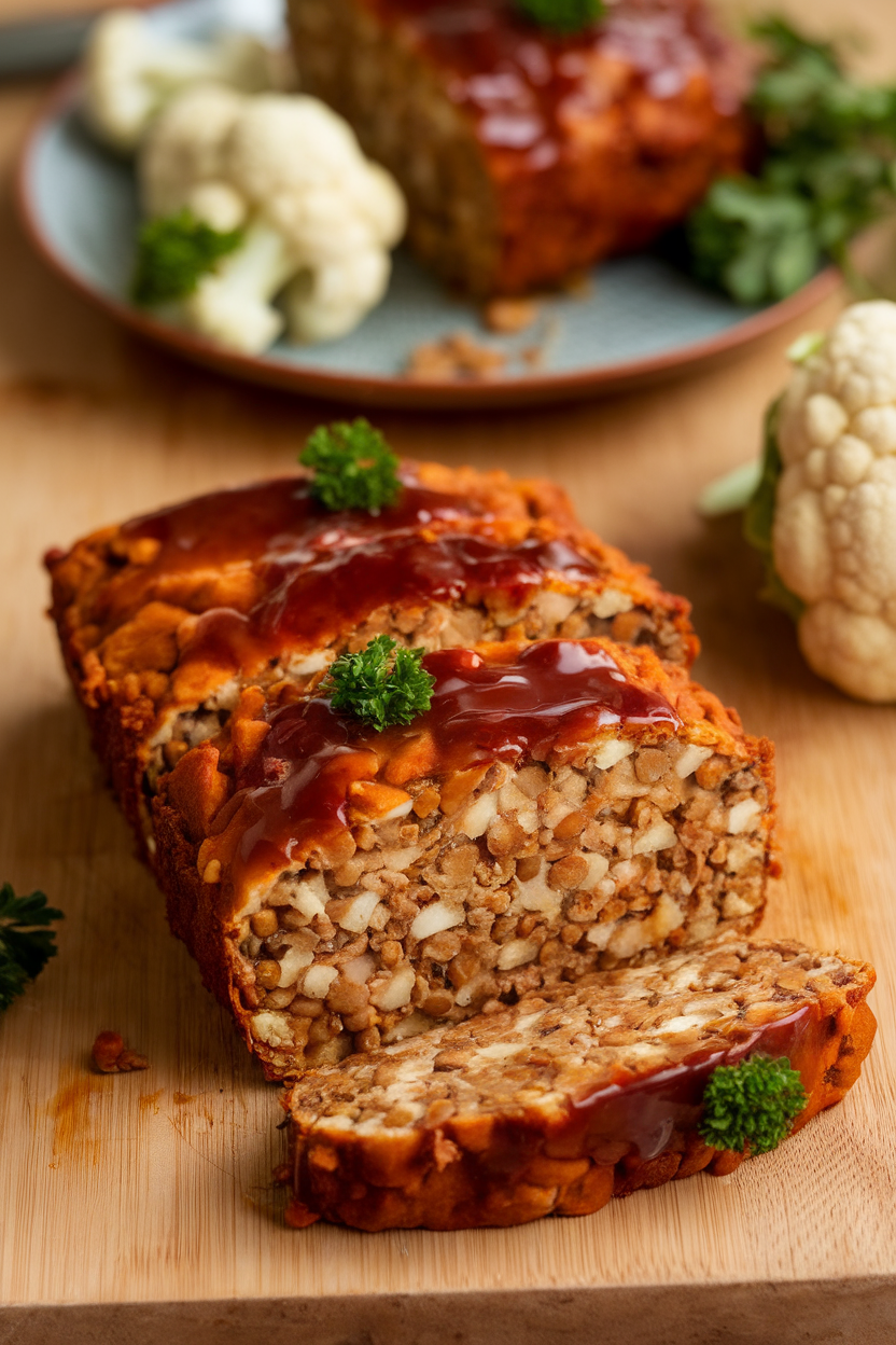 An indoor cutting board with slices of cauliflower lentil loaf, barbecue glaze shining, garnish of parsley. No text or logos. Photo.