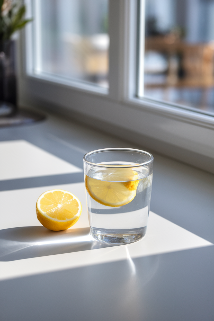 Photo prompt: A brightly lit indoor kitchen counter with a clear glass of water and a lemon wedge beside it, morning light streaming in from a window, no text or logos anywhere in the scene.