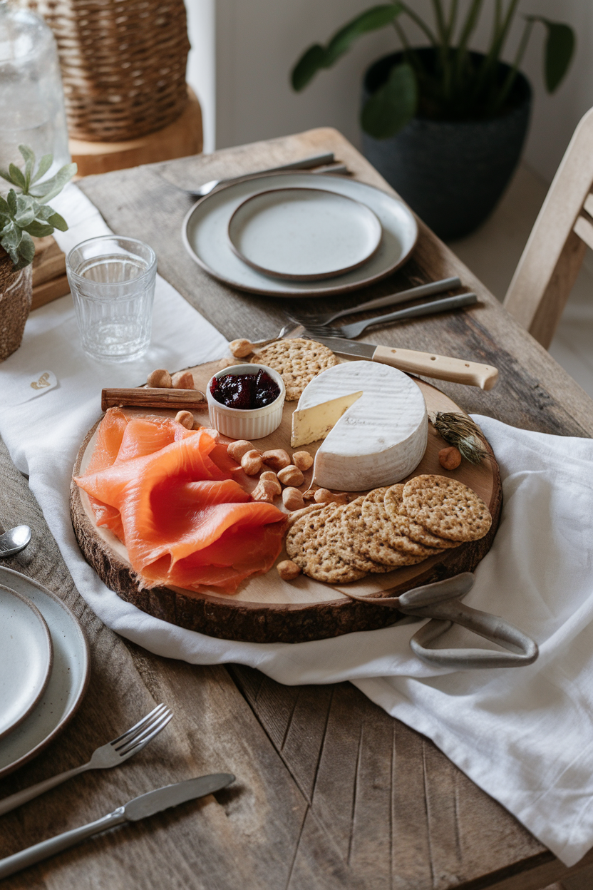 Indoor rustic table with a board of smoked salmon, chèvre, huckleberry jam, hazelnuts, and seed crackers; no text or logos visible.