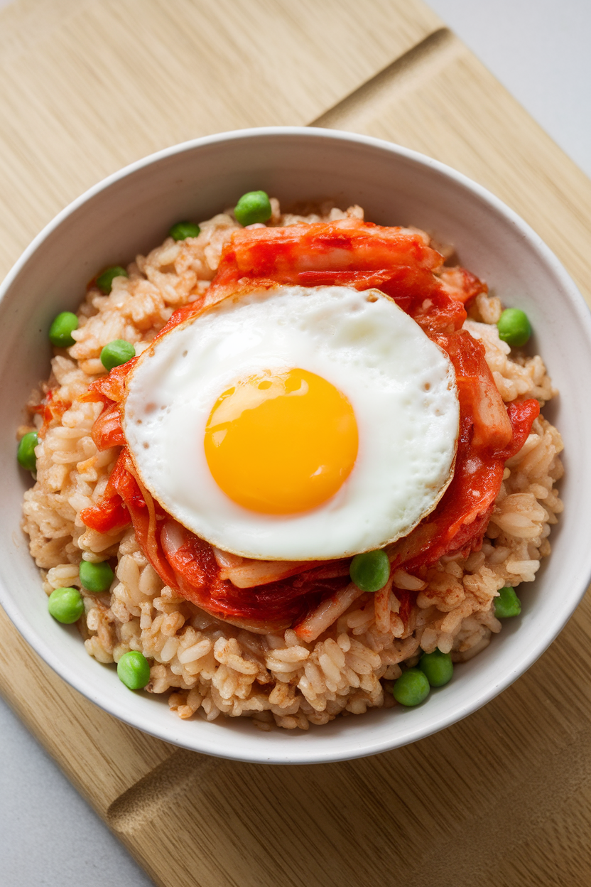 An indoor wok scene featuring a bowl of steaming brown rice stir-fried with kimchi, peas, and a softly set egg on top. No text or logos visible; photograph.