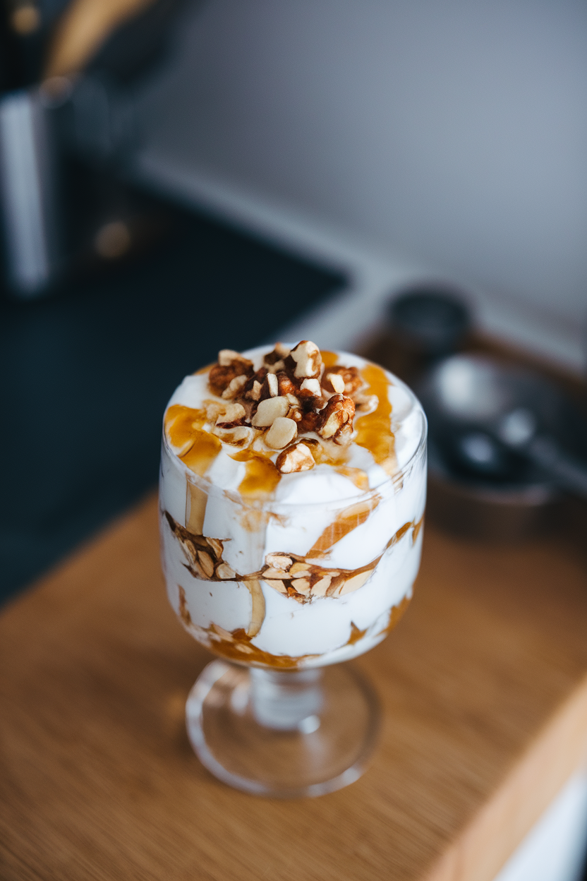 Indoor photo of a clear parfait glass filled with thick Greek yogurt, drizzled honey, chopped almonds, and walnut pieces, shot from a slight overhead angle, no text or logos.