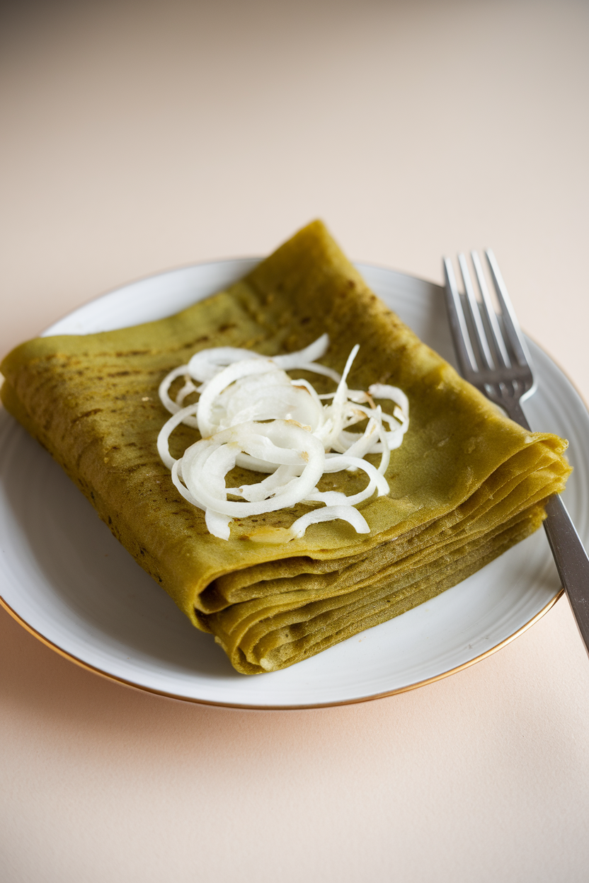 Photo prompt: An indoor plate of thin green pesarattu folded in half with onion topping peeking out. No text or logos.