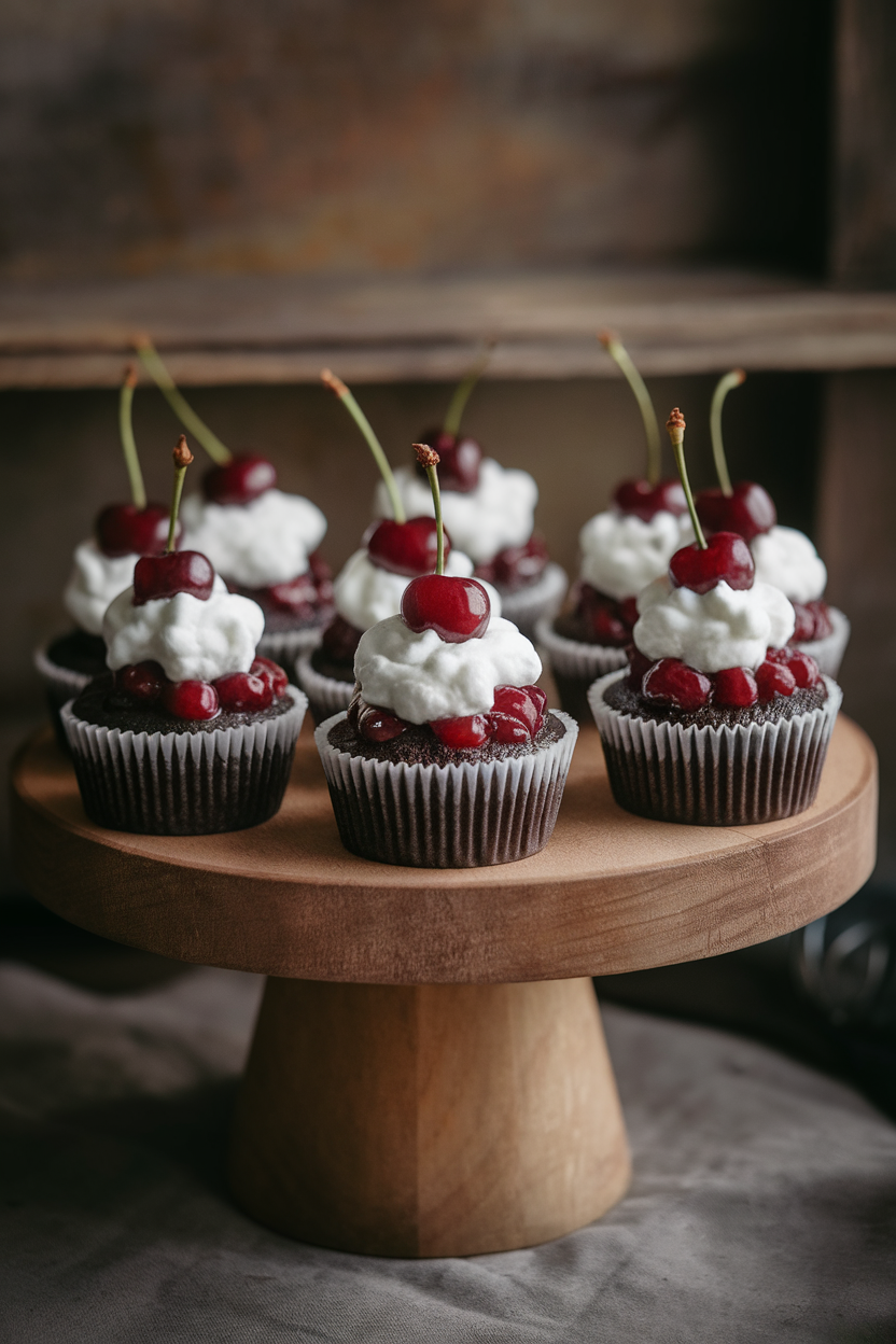 Indoor display of chocolate cupcakes filled with cherry compote, topped with whipped cream and a single cherry; no logos. Photo, not illustration.