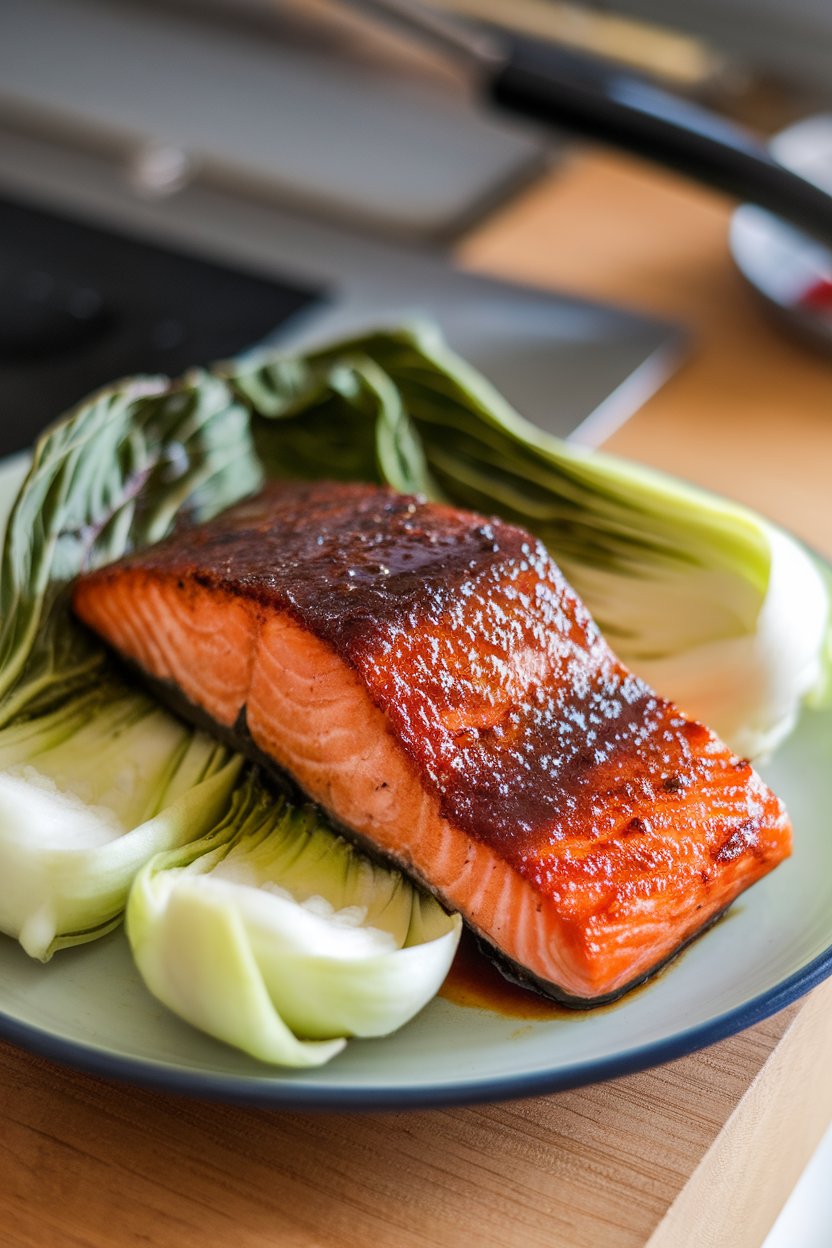 Indoor broiler-pan view of caramelized miso-glazed salmon fillets accompanied by lightly wilted bok choy. No text or logos present; photo.