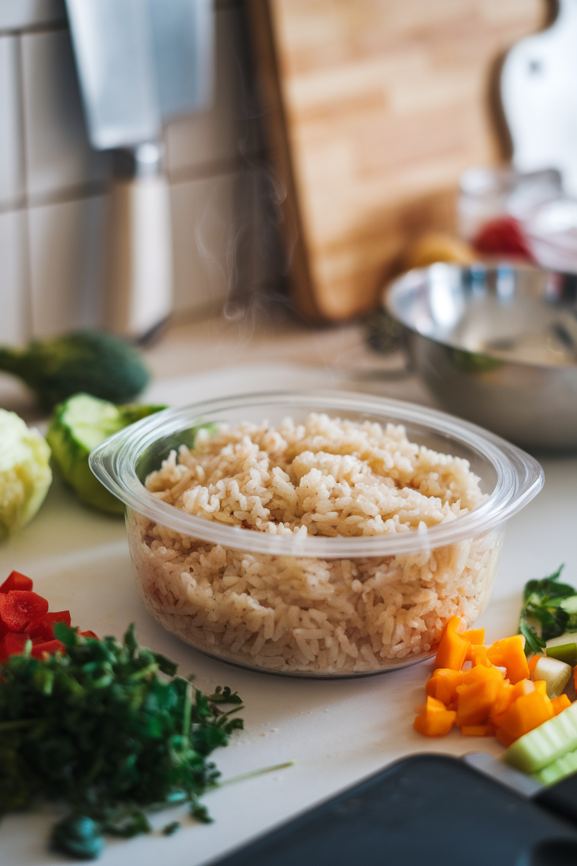 Photo, indoor kitchen counter featuring a meal-prep container of fluffy brown rice, steam slightly rising, no text or logos.
