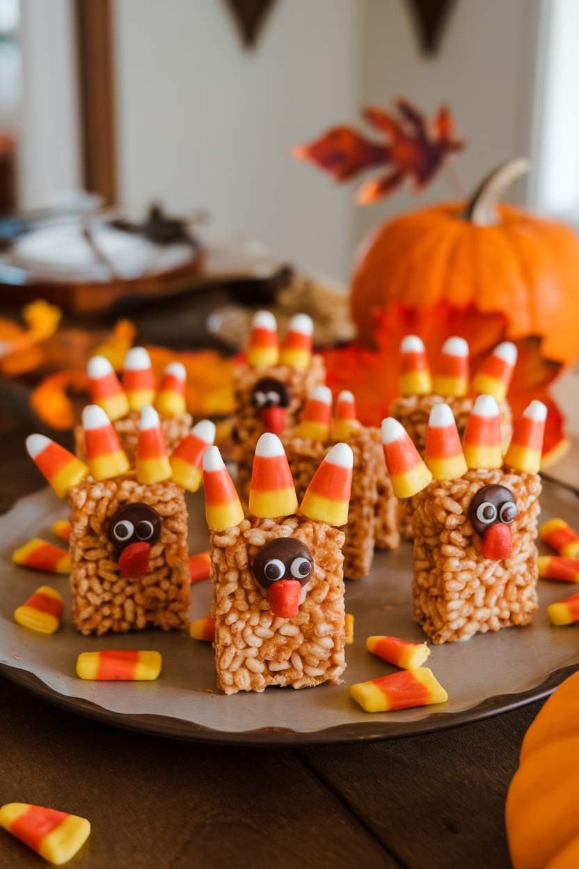 An indoor dining table with several rice cereal bars shaped like turkeys, candy corn “feathers,” and chocolate candy eyes, arranged on a fall-themed platter. Photo, no text or logos.