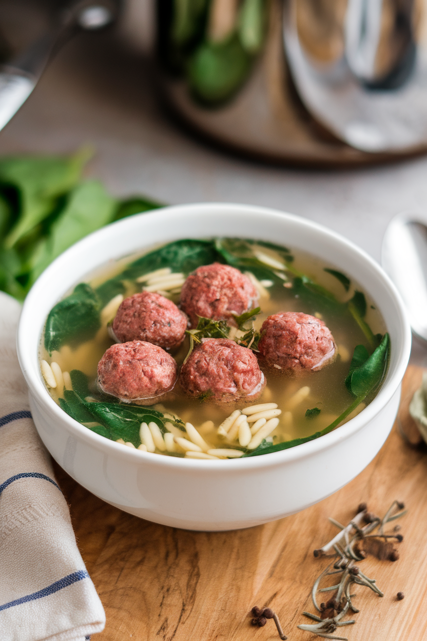 Indoor soup bowl filled with tiny beef meatballs, spinach, and orzo in clear broth. No logos; photo.