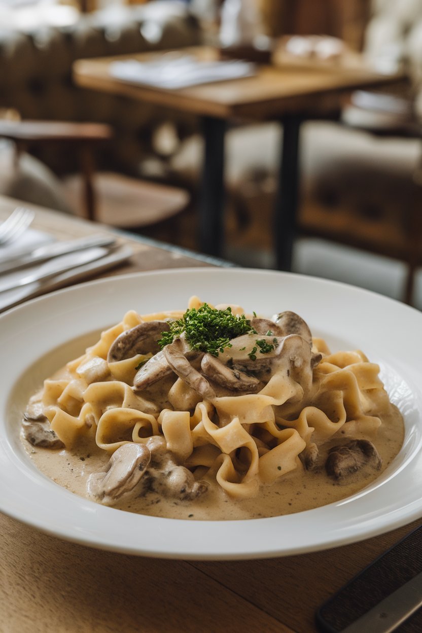 Indoor plate of wide noodles coated in creamy mushroom sauce, parsley sprinkled on top; soft lighting, no text or logos.