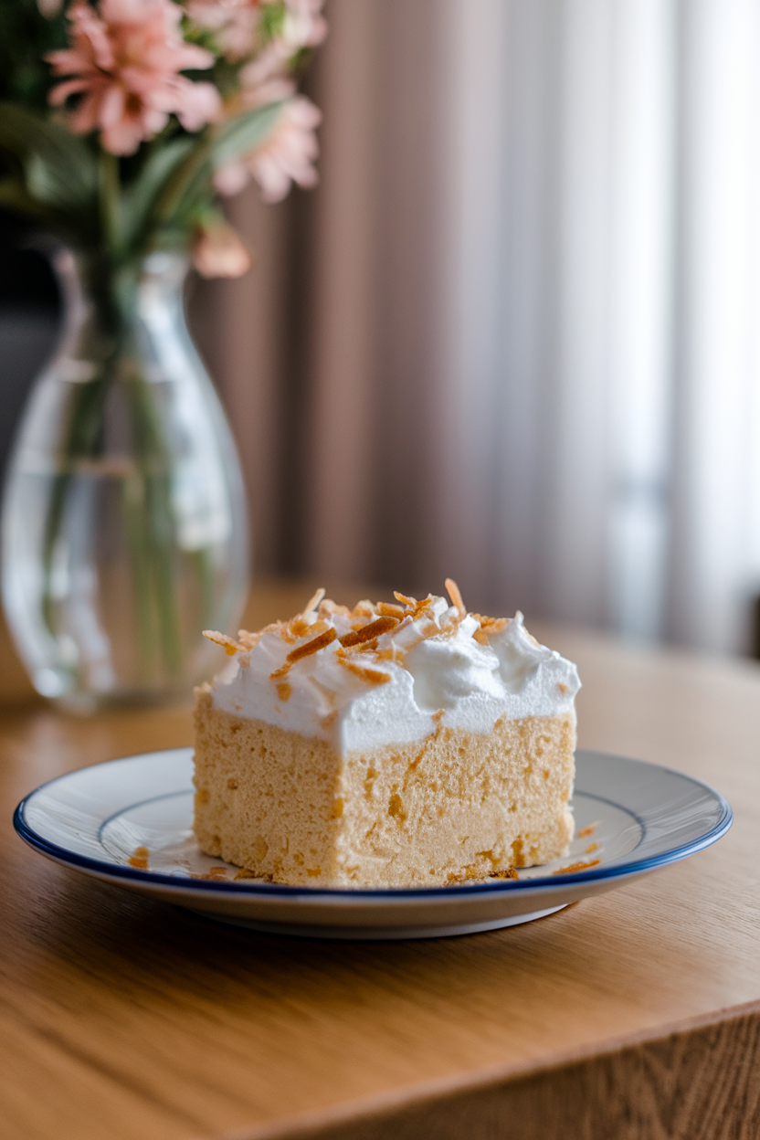 An indoor dining table featuring a square slice of milk-soaked sponge topped with whipped cream and toasted coconut flakes. No text or logos. Photo, not illustration.
