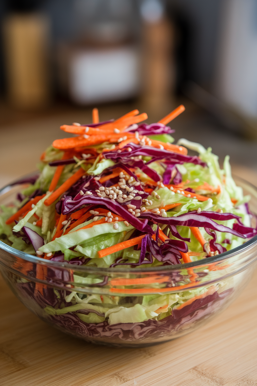 Bowl of colorful cabbage slaw with carrots and sesame seeds, indoor photo, no text or logos