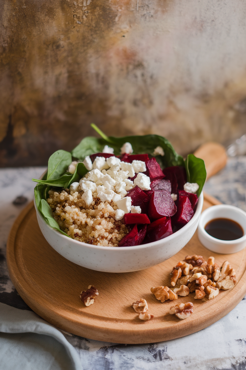 Indoor photo of a bowl featuring red and golden beet chunks, fluffy quinoa, goat cheese crumbles, and baby spinach; no text or logos.