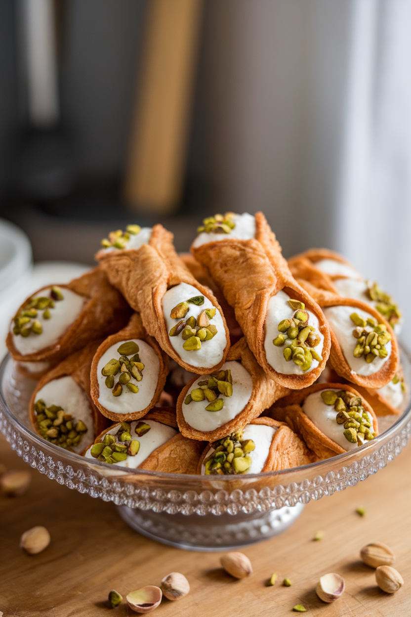 Indoor photo of cannoli shells filled with ricotta cream and pistachio bits on both ends, lined on a platter, no text or logos
