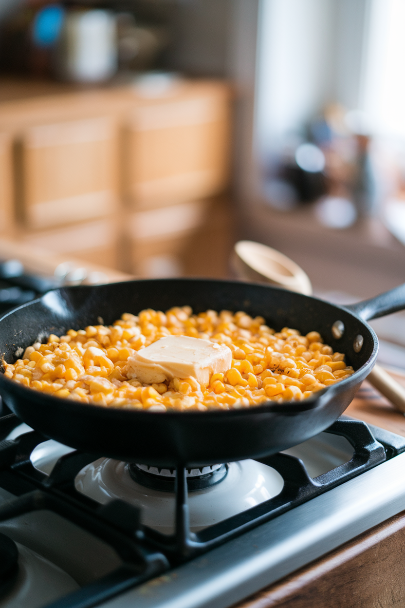 An indoor stovetop skillet brimming with glossy corn kernels coated in honey butter, wooden spoon resting. No text or logos. Photo.