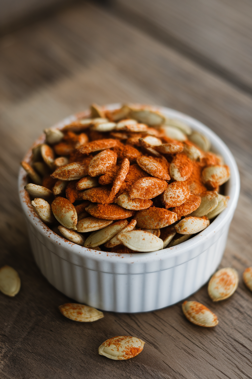 A small ramekin indoors brimming with roasted pumpkin seeds coated in chili powder. Photo, no text or logos.