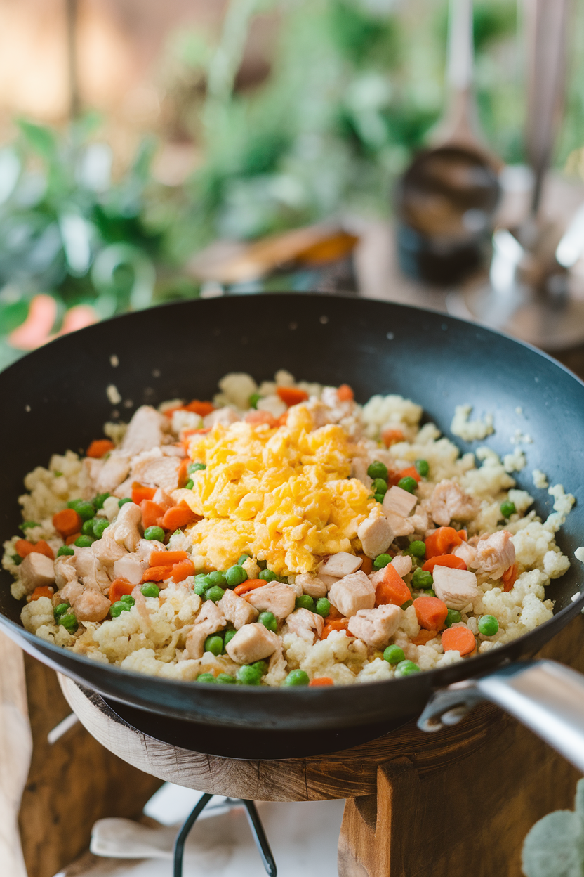 An indoor wok scene with cauliflower rice, diced chicken, peas, carrots, and scrambled egg bits, all glistening under soft light. No text or logos. Photo only.
