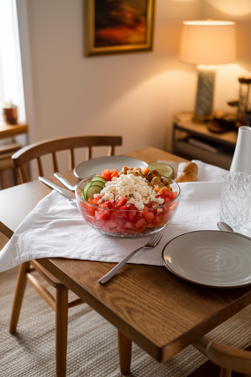 Indoor dining room scene with a plate of diced tomatoes, cucumber rounds, grilled chicken cubes, and crumbled light feta — no text or logos