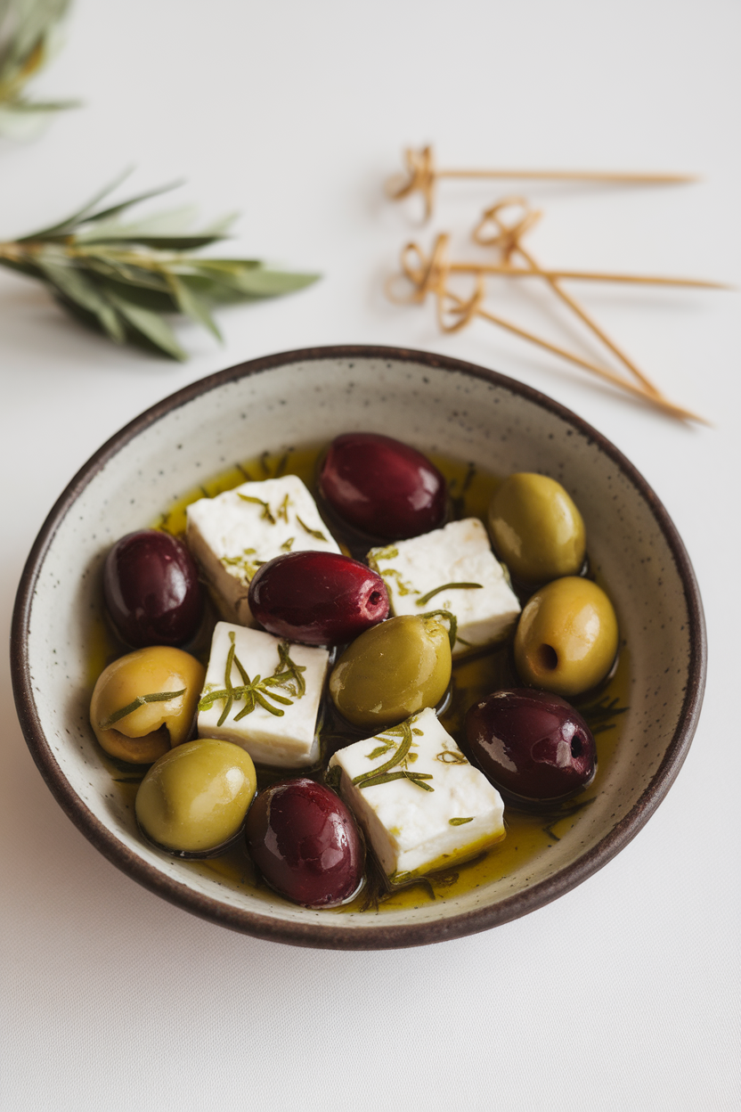 Indoor photo of a shallow bowl containing mixed olives and feta cubes in herb oil, tiny picks alongside. No text or logos.