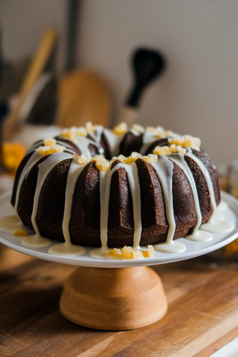 Photo of a dark, glossy Bundt cake on an indoor cake stand, drizzled with vanilla glaze and scattered with crystalized ginger bits; no text or logos.