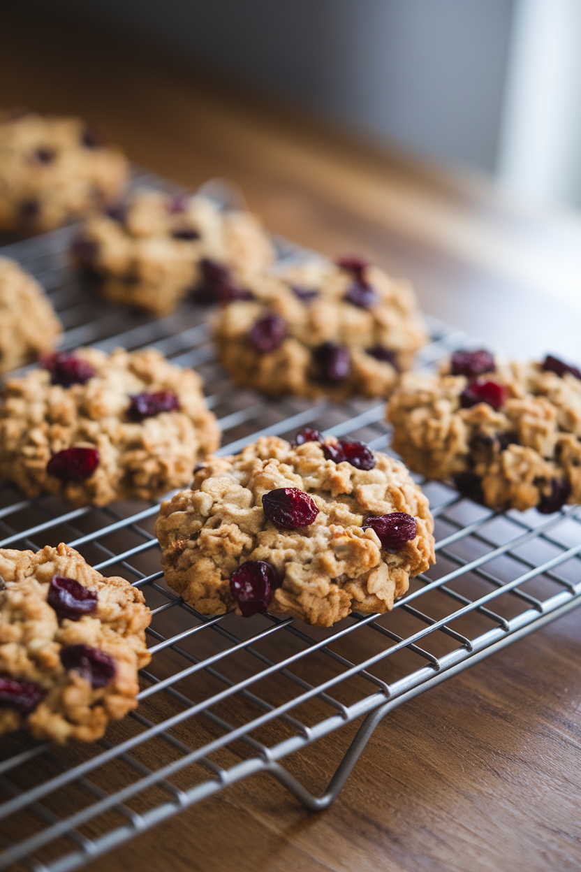An indoor cookie cooling rack lined with chewy oatmeal cookies studded with dried cranberries, soft window light highlighting their texture. Photo, no text or logos.
