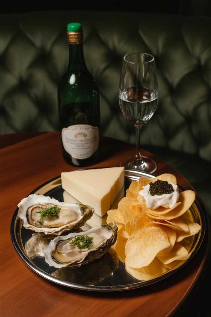 Dimly lit indoor scene with a mirrored tray of oysters Rockefeller, caviar-topped potato chips, and triple-cream cheese; no text or logos.