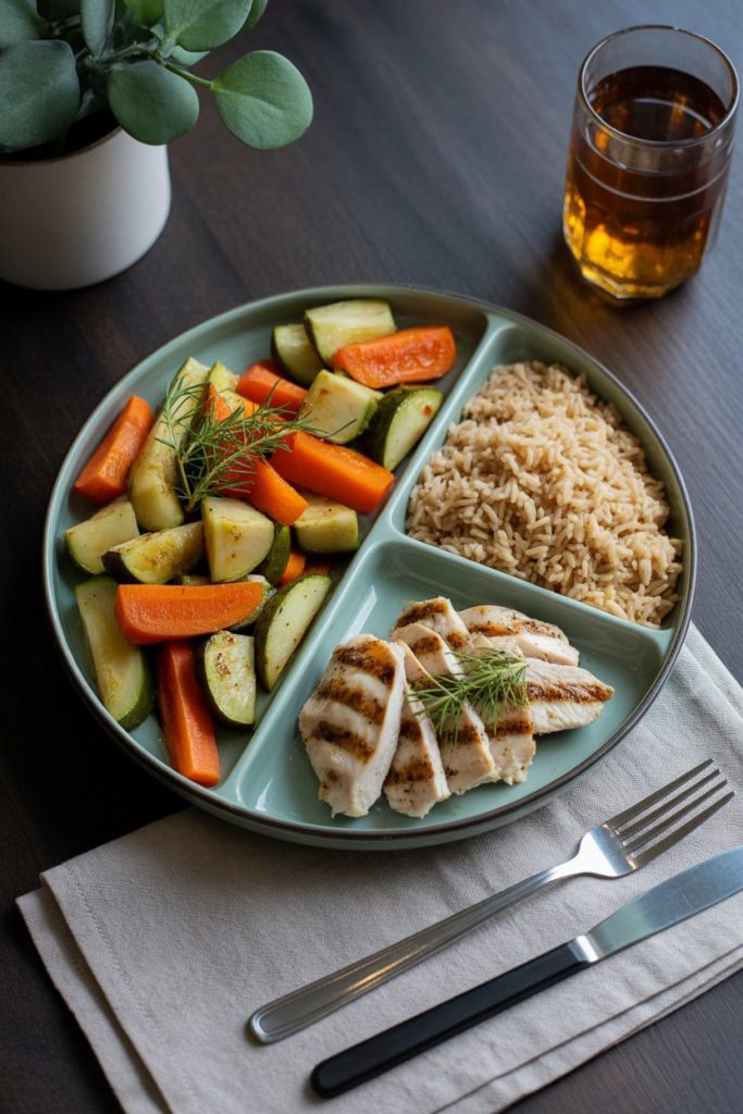 Dinner plate divided visually: half roasted vegetables, a quarter grilled chicken, a quarter brown rice, photographed indoors from overhead. No text or logos. Photo, not illustration.