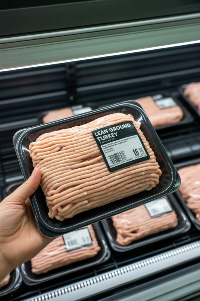 Discount sticker on package of lean ground turkey held over a refrigerated case, indoor photo, no text or logos