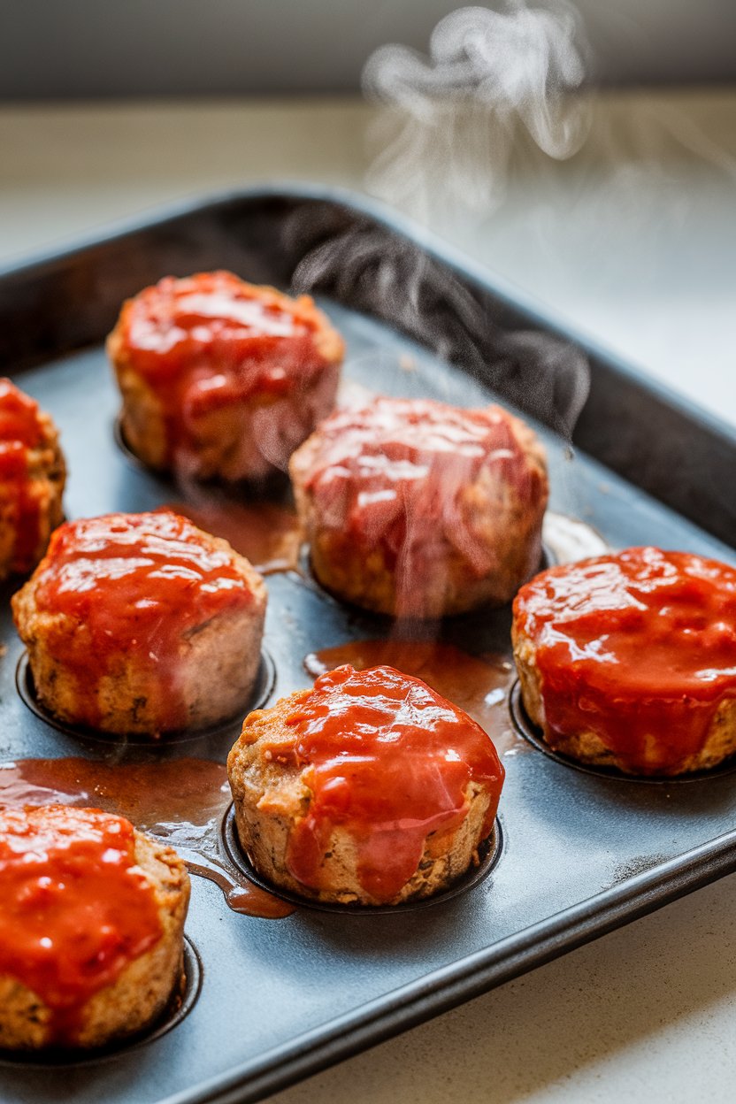 An indoor baking sheet with small turkey meatloaf muffins brushed with tomato glaze, steam rising. No text or logos; photo only.