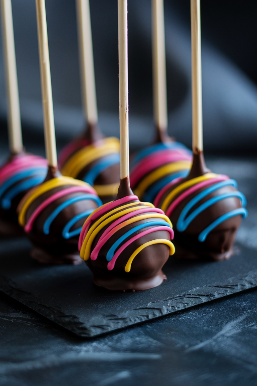 Photo, not illustration. Indoor studio setting. Dark chocolate–coated cake pops with vivid streaks of colored candy melts drizzled like fireworks across the surface, presented on a matte black slate. No text or logos.