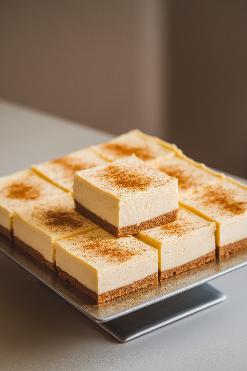 Photo indoors of a square platter holding creamy cheesecake bars with a dusting of nutmeg on top, clean slices visible. No text or logos.