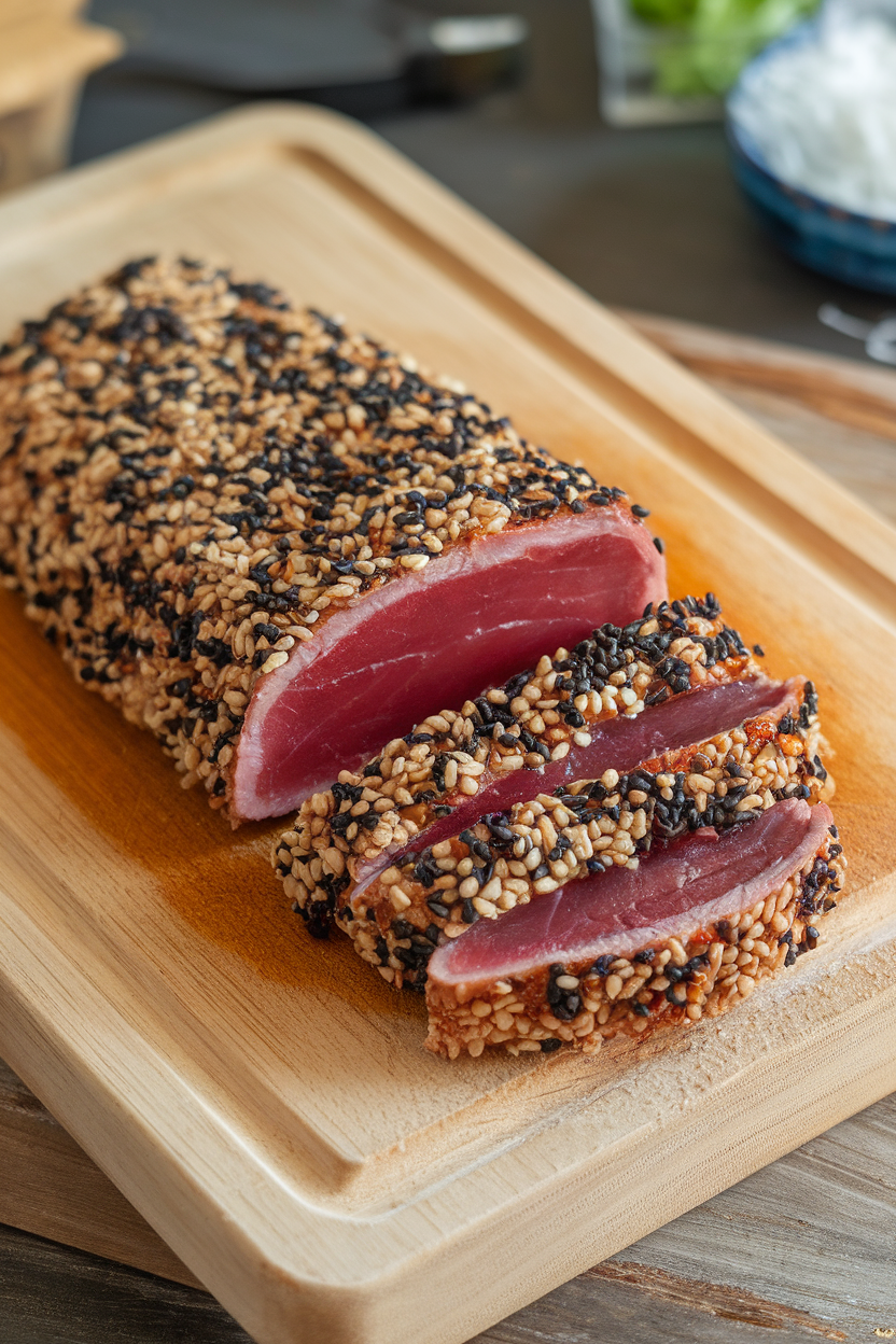 Indoor cutting board with seared ahi tuna coated in white and black sesame seeds, sliced to show rare center. No text or logos. Photo, not illustration.