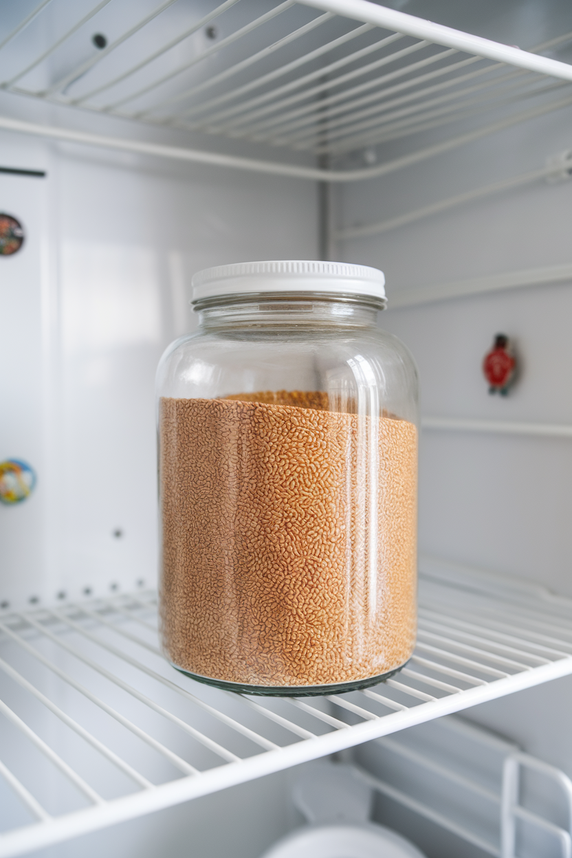 Photo, indoor fridge shelf featuring a sealed glass jar of finely ground flaxseed meal, no text or logos.