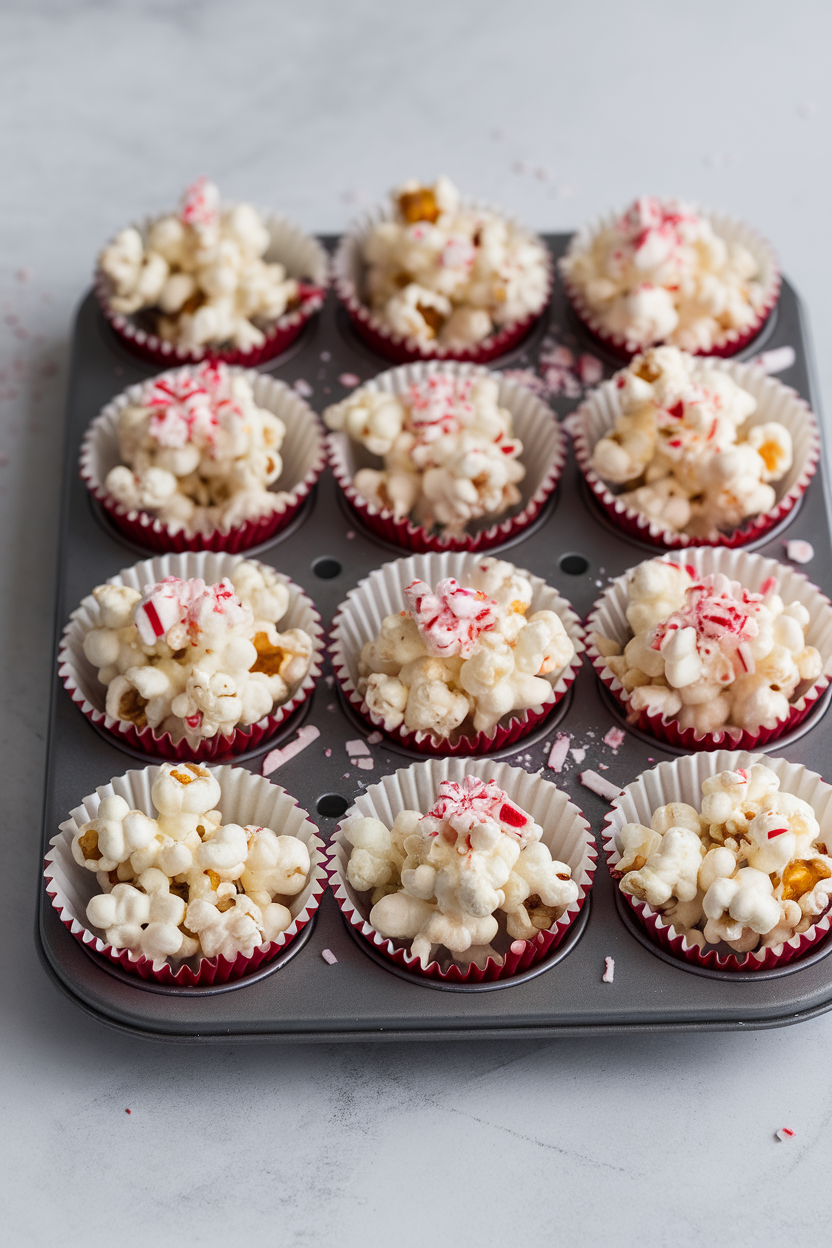 An indoor tray of cupcake liners filled with white chocolate-coated popcorn and crushed peppermint, no logos.