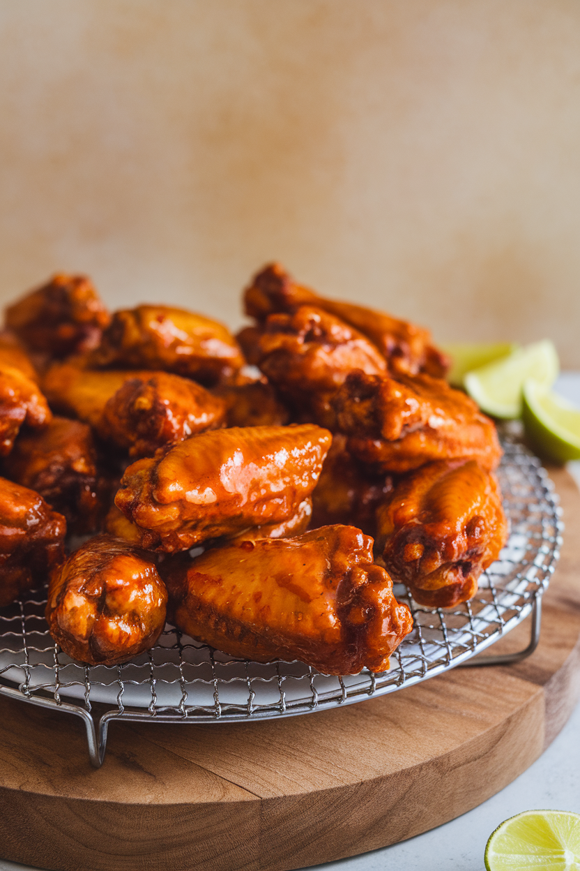 Indoor wire rack holding glazed chicken wings with sticky orange sauce, garnished with lime wedges; no text or logos