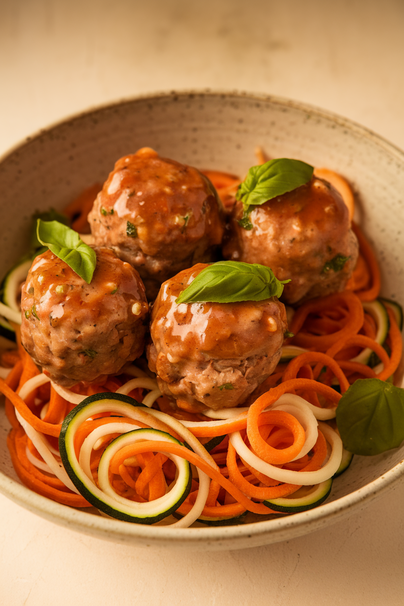 An indoor photo of turkey meatballs glazed in a light soy basil sauce, served over spiralized carrot and zucchini noodles in a shallow bowl. No text or logos.