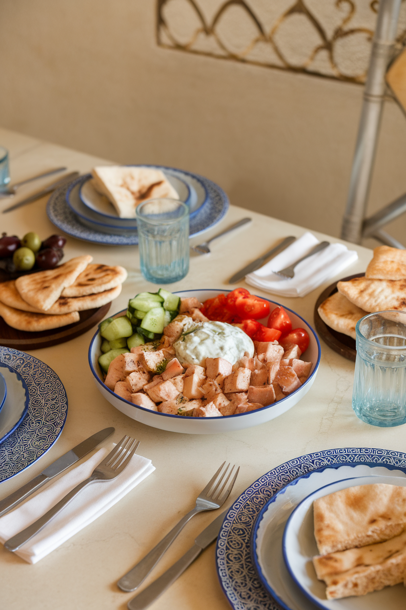 Indoor Mediterranean-style table featuring a bowl of diced chicken, cucumber chunks, tomatoes, and a dollop of tzatziki dressing — photo, no logos
