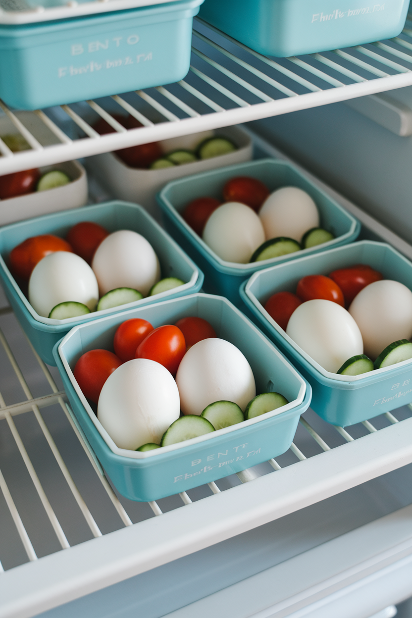 An indoor fridge shelf view showing small bento boxes with peeled hard-boiled eggs, cherry tomatoes, and cucumber rounds. No text or logos visible.