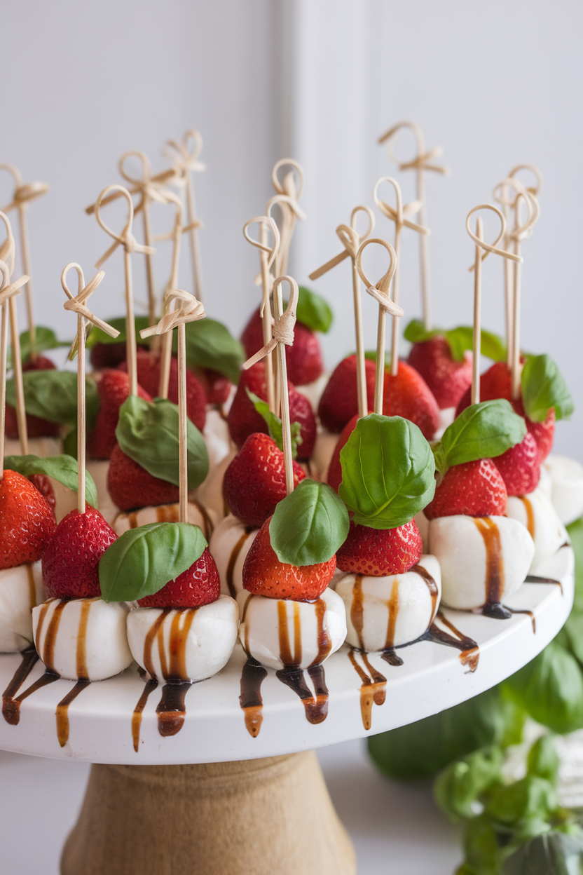 Indoor platter holding wooden picks threaded with strawberry halves, mozzarella pearls, and basil leaves, drizzled lightly with balsamic reduction. No text or logos in sight.
