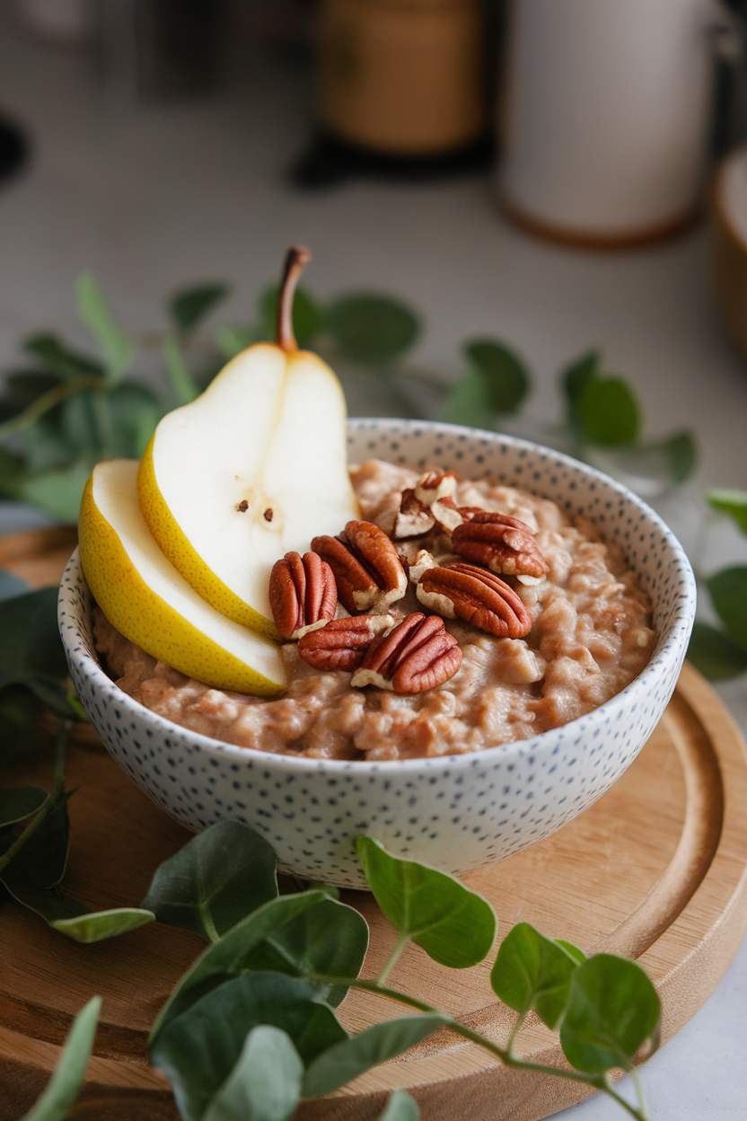 Indoor bowl photo of creamy buckwheat groats topped with sliced ripe pear and crushed pecans, no text or logos.