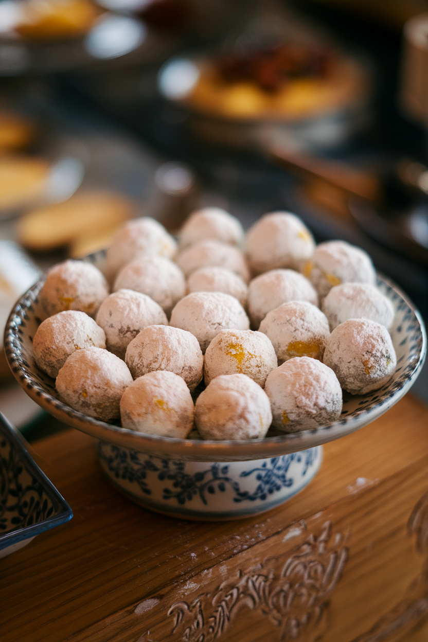 Indoor ceramic plate of white chocolate lemon truffles rolled in powdered sugar, resembling snowballs; no text or logos. Photo, not illustration.