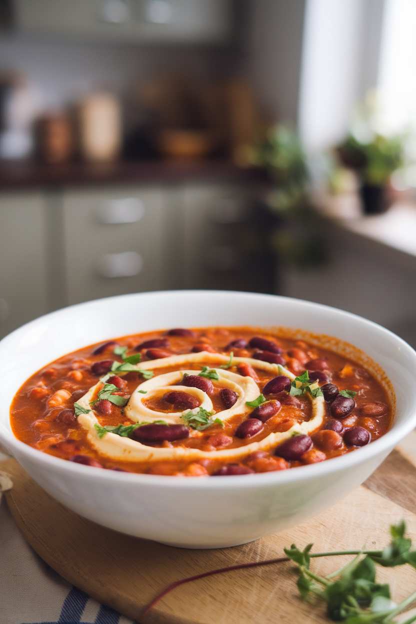 Indoor photo of creamy vegan chili with cashew swirl on top, kidney beans visible; no text or logos.