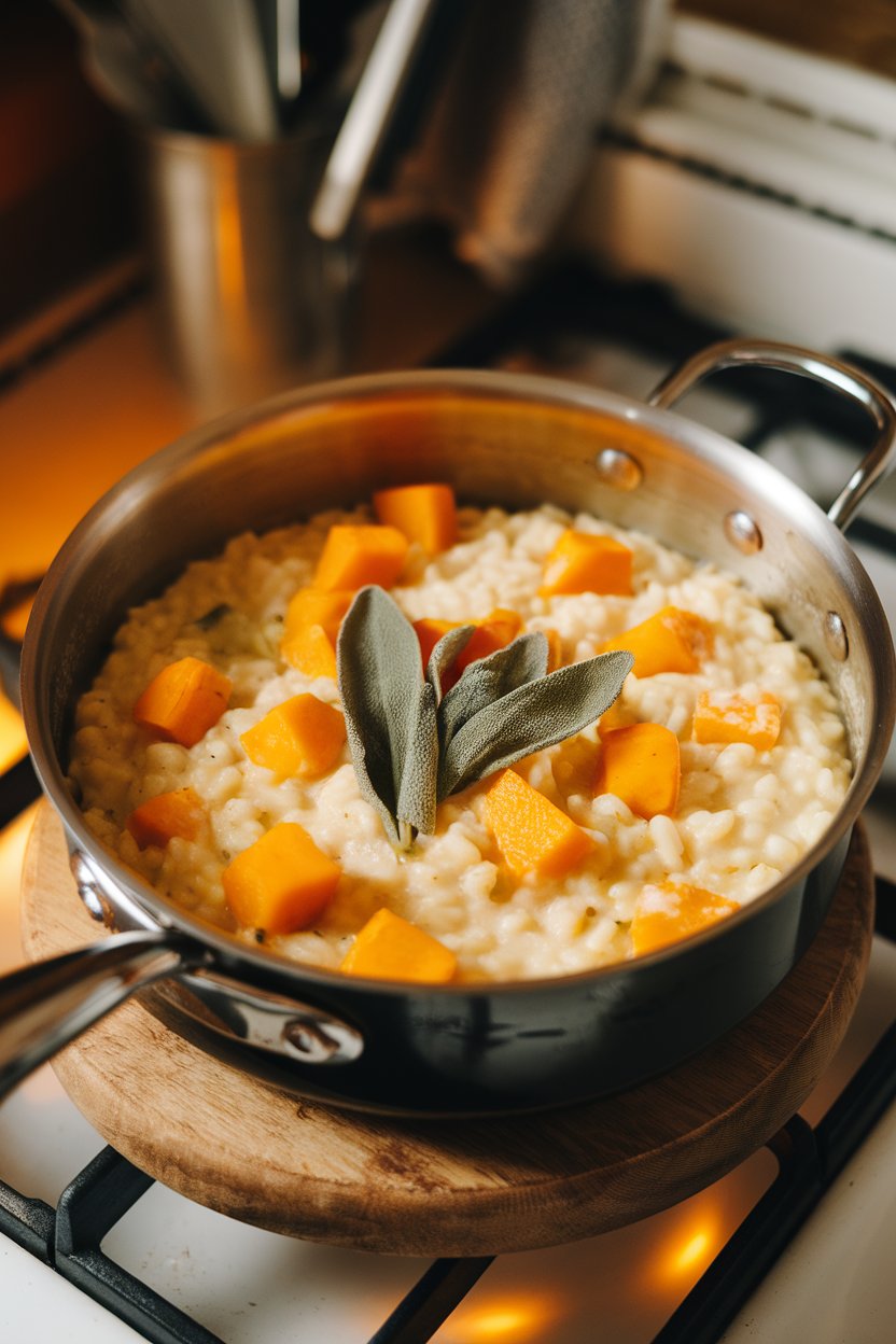 Indoor saucepan of creamy risotto dotted with orange squash cubes and sage leaves; warm stovetop lighting, no text or logos.