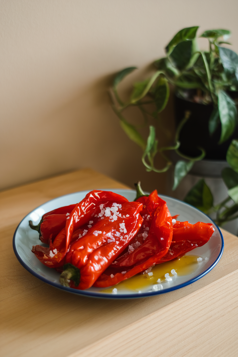 Indoor plate of glossy roasted red pepper strips drizzled with olive oil and sprinkled with sea salt. Photo only, no logos.