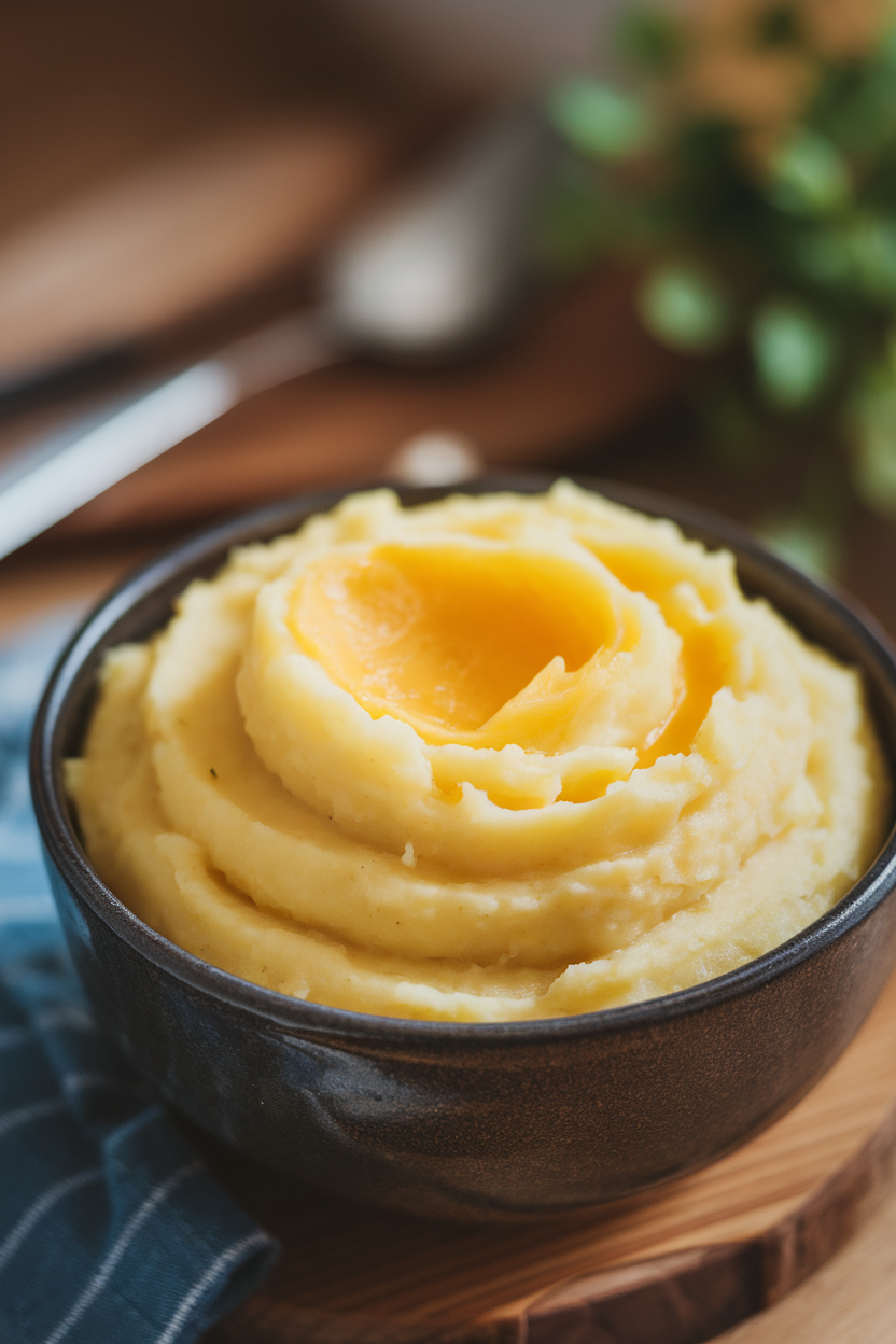 Indoor photo of a deep bowl of buttery mashed potatoes with a swirl of melted butter on top, no text or logos