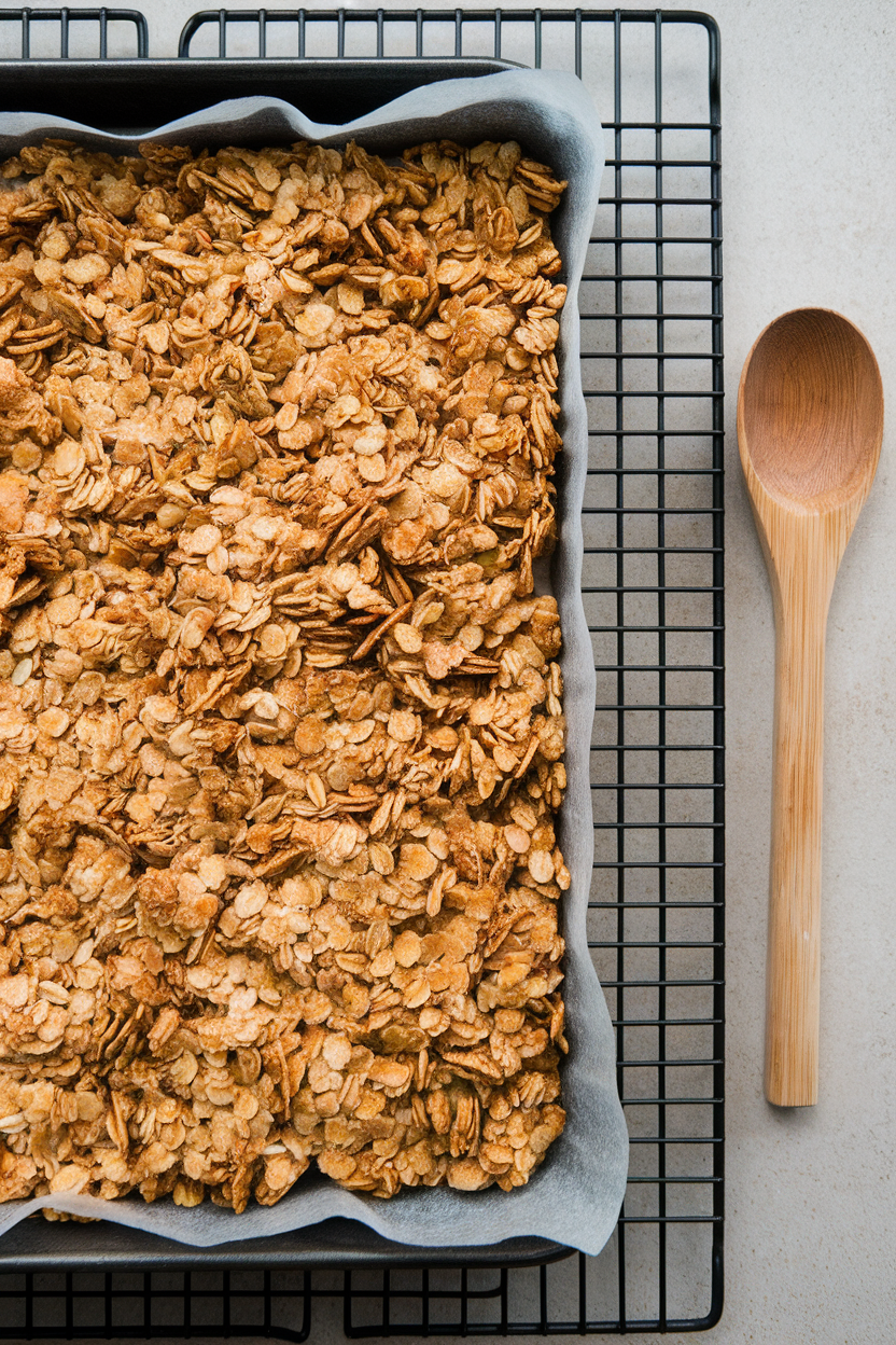 Baking sheet of golden granola cooling beside a wooden spoon, indoor photo, no text or logos