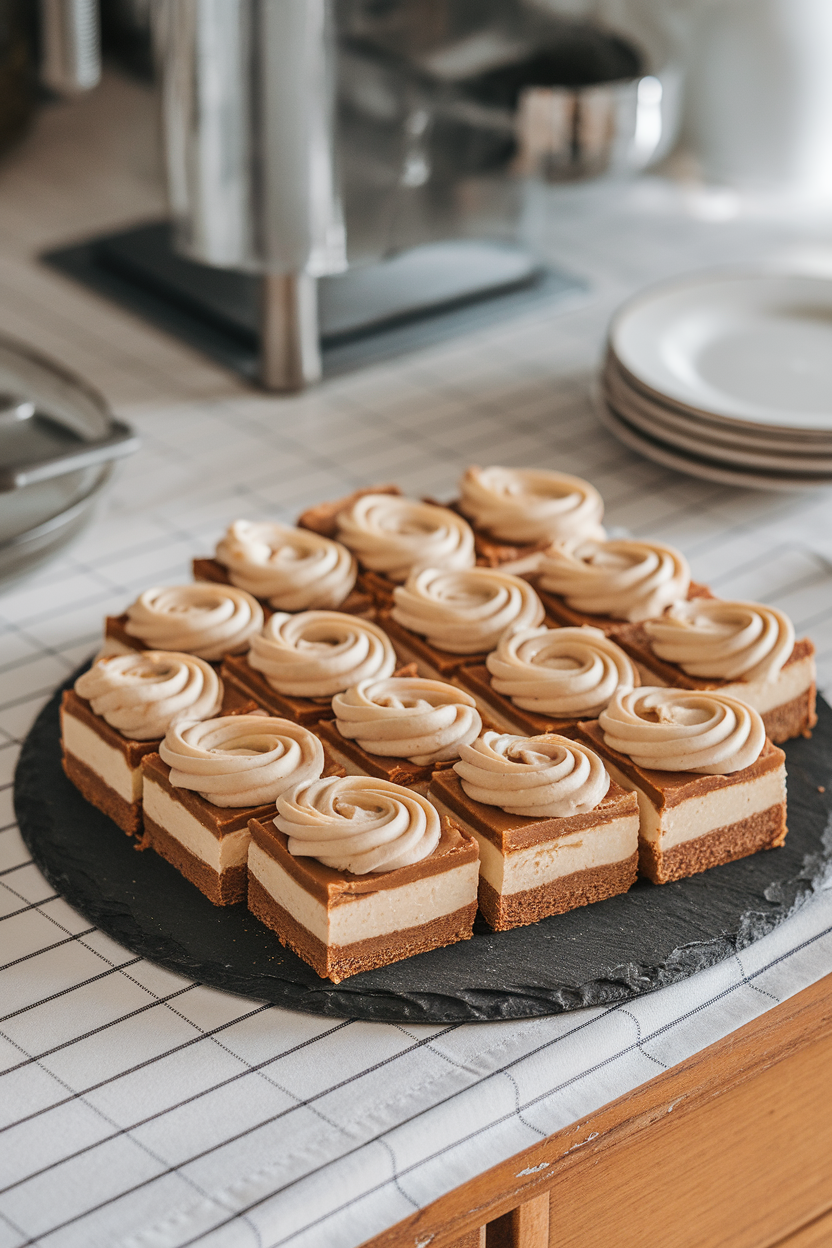 Indoor kitchen table with swirl-topped cheesecake bars featuring a gingerbread crust, neatly cut squares on a slate platter. No logos or text.