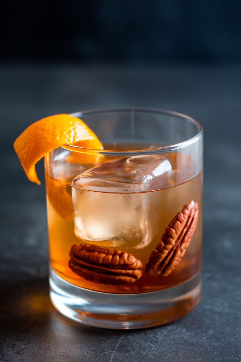Indoor image of rocks glass with pecan old fashioned over a clear ice cube, orange twist on rim, no text or logos.