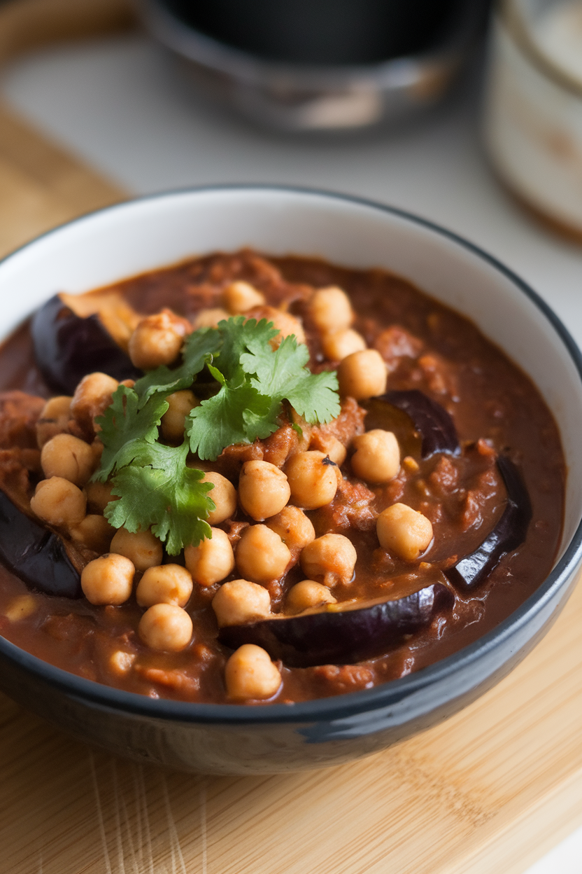Bowl of hearty chickpea and eggplant stew garnished with cilantro, indoor light, no text or logos.