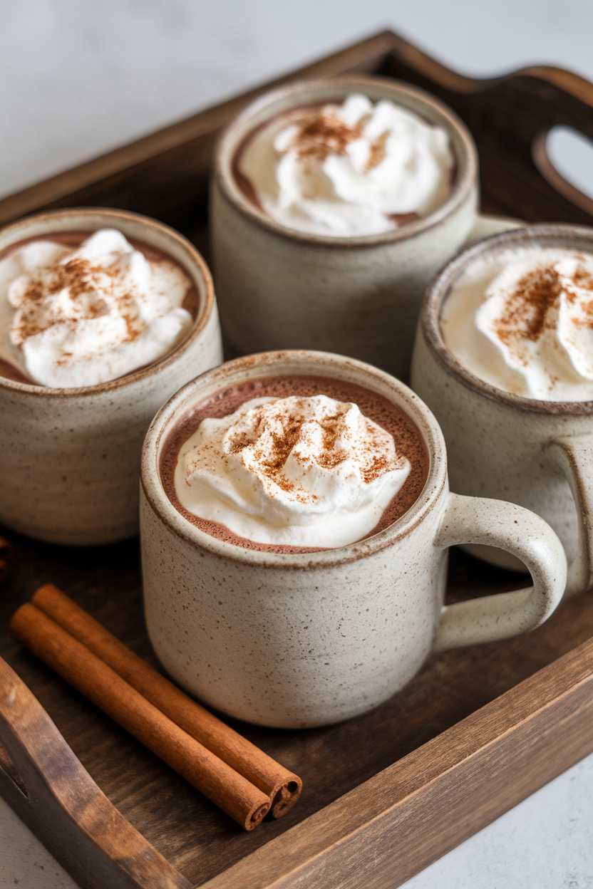 Indoor photo of ceramic mugs of rich hot chocolate topped with whipped cream and a sprinkle of cinnamon, small cinnamon sticks alongside. No text or logos.